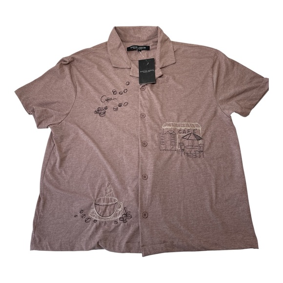 Cafe-Themed Brown Men's Casual Shirt - Picture 1 of 7